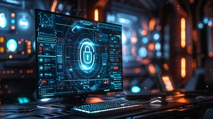 Obraz premium Intricate Digital Circuit with a Glowing Lock of Secrecy, Cryptographic Core. Internet cyber security concept