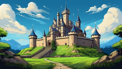 Fototapeta premium A medieval castle with green whites and a blue sky in 8-bit style