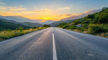 Concept of empty old paved road in mountain area at sunset.