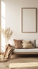 Mockup Frame in Farmhouse Living Room Interior with Sofa 