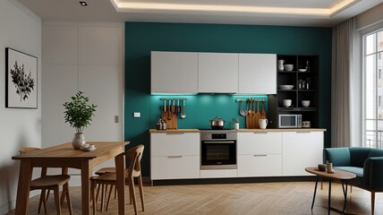 Modern Interior With Bright Wall, Living room, Bed room, kitchen, House Plants