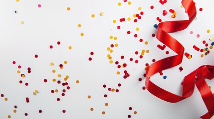 Obraz premium Red ribbon and colorful confetti on a white background.