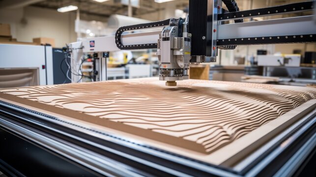Cnc machine crafting elaborate wood design, emphasizing intricate wood grain patterns