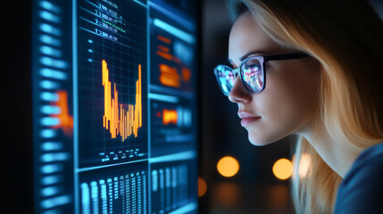 A focused woman analyzes data on a digital screen, highlighting her dedication to technology and analytics in a modern workspace.