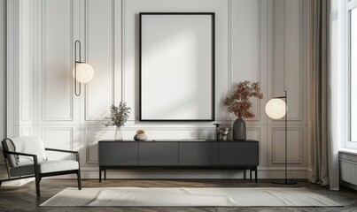 Living Room with Black Wall-Mounted Frame and Dark Gray Cabinet