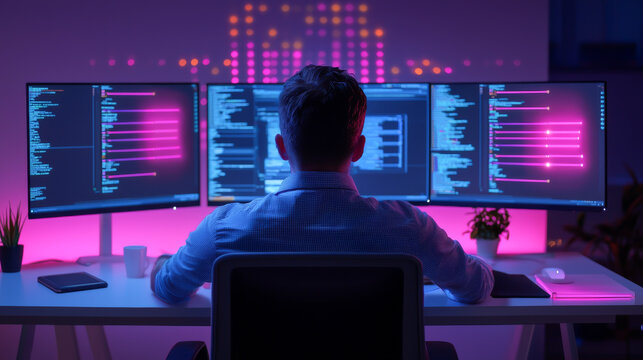 A focused programmer sits at a desk with multiple monitors, coding in a vibrant, illuminated workspace filled with technology.