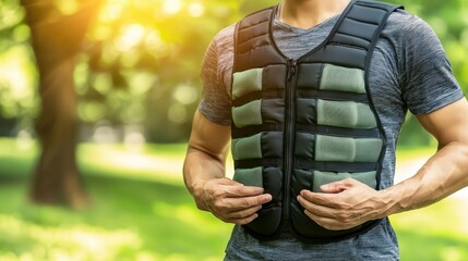 Advanced cooling vest, worn by an athlete, outdoor sports setting, bright afternoon light
