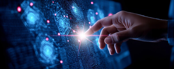 A hand touching a glowing interface, symbolizing technology and innovation in a digital landscape.