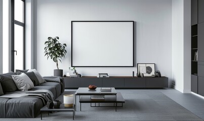 Living Room with Black Wall-Mounted Frame and Dark Gray Cabinet