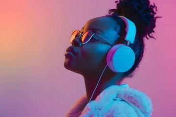Fototapeta premium Fashion pretty woman with headphones listening to music over red neon background at studio.