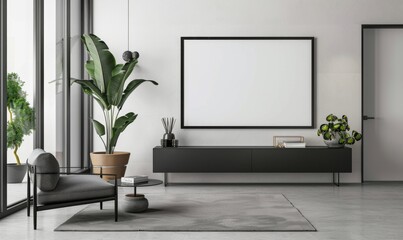 Living Room with Black Wall-Mounted Frame and Dark Gray Cabinet. Neutral Color Scheme, White Walls, Simple Design, and Spacious Decor Area.