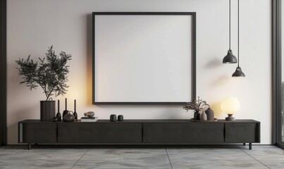 Living Room with Black Wall-Mounted Frame and Dark Gray Cabinet. Neutral Color Scheme, White Walls, Simple Design, and Spacious Decor Area.