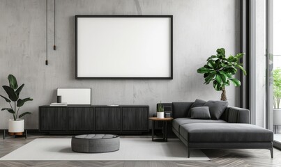 Living Room with Large Wall Frame, Black Cabinet, and Gray Sofa. Neutral Tones with Big Blank Screen and Plant.