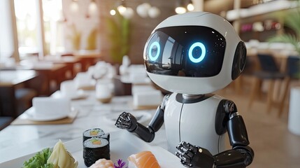 Autonomous robotic chef, preparing sushi, in a high-end restaurant, bright indoor lighting