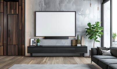 Living Room with Large Wall Frame, Black Cabinet, and Gray Sofa. Neutral Tones with Big Blank Screen and Plant.