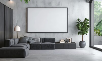 Living Room with Large Wall Frame, Black Cabinet, and Gray Sofa. Neutral Tones with Big Blank Screen and Plant.