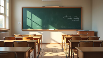 Well-lit classroom with meticulously arranged desks and a chalkboard awaiting lessons.