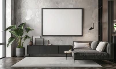 Living Room with Large Wall Frame, Black Cabinet, and Gray Sofa. Neutral Tones with Big Blank Screen and Plant.