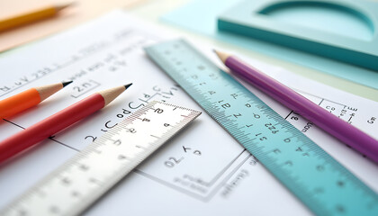 Detailed close-up of a ruler compass and protractor positioned on a geometry worksheet.