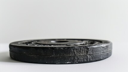 Black weight plate on white surface symbolizes strength and fitness for gym workouts. Ideal for bodybuilding and strength training concepts