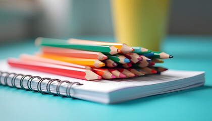 Naklejka premium Stack of freshly sharpened pencils paired with a crisp notebook neatly placed on a desk.