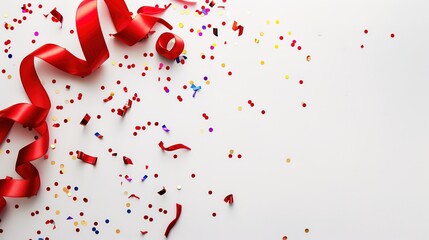 Red ribbon and confetti on a white background.