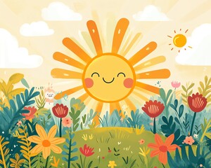 Bright and cheerful illustration of a smiling sun surrounded by colorful flowers in a sunny garden.