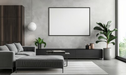 Living Room with Large Wall Frame, Black Cabinet, and Gray Sofa. Neutral Tones with Big Blank Screen and Plant.