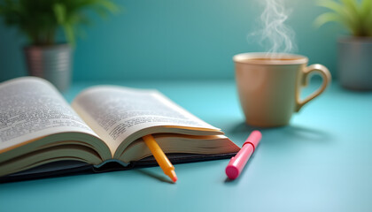 Naklejka premium A close-up of an open textbook paired with a highlighter and a coffee cup on a clean desk to illustrate the focus and dedication required for academic success.