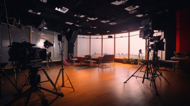 TV Studio with Cameras and Lighting Equipment