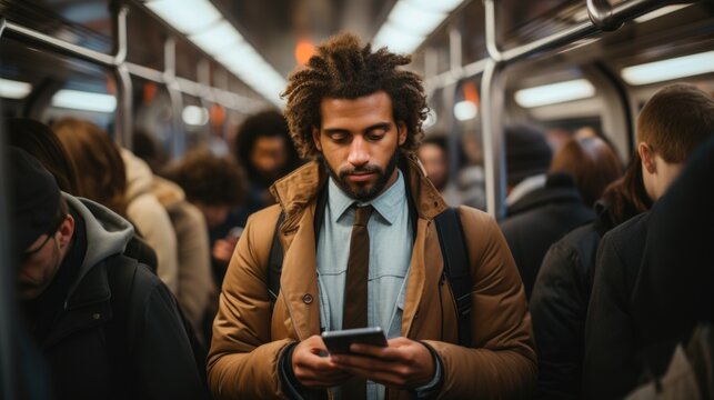 Urban journey - rush hour train cabin filled people, all absorbed mobile phone screens, reflecting landscape of constant connectivity, collective experience of crowded public transportation.