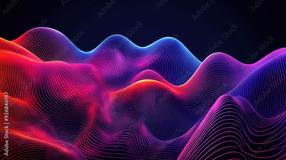 Wall mural Digital waves, flowing lines in neon colors, with a dynamic arrangement, bright ambient lighting