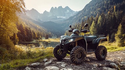 Electric-powered all-terrain vehicle, navigating rough terrain, mountain setting, clear afternoon light