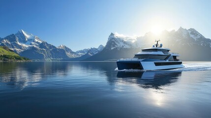 Electric-powered autonomous boat, cruising on a lake, surrounded by mountains, clear midday sun