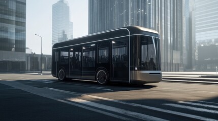 Fototapeta premium Electric-powered autonomous bus, transporting passengers, through a modern city, clear blue sky