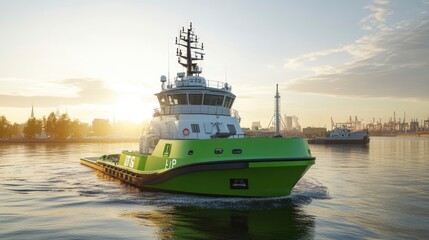 Electric-powered autonomous tugboat, guiding a ship, in a busy harbor, bright daylight