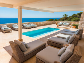 Fototapeta premium A sunny terrace in a Mediterranean-style villa with comfortable sun beds and a refreshing swimming pool