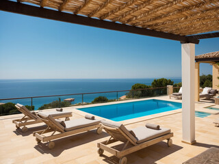 Fototapeta premium A sunny terrace in a Mediterranean-style villa with comfortable sun beds and a refreshing swimming pool