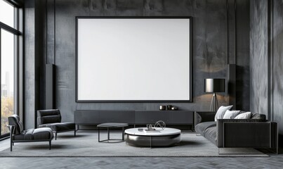 Fototapeta premium Modern Minimalist Living Room with Black Wall Cabinet and Large Frame Mockup Above Sleek Dark Grey Furniture