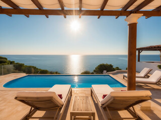 Fototapeta premium A panoramic sea view from a villa’s terrace, showcasing sun beds and an inviting swimming pool. The warm sunlight reflects off the water