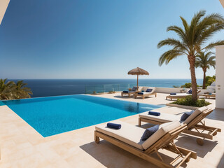 Obraz premium A luxurious terrace in a villa featuring comfortable sun beds beside a sparkling blue swimming pool, overlooking the endless sea with a bright blue sky.