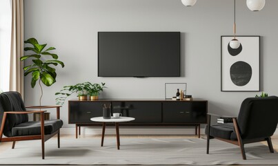 Modern Minimalist Living Room with Black TV Cabinet, Large Flat Screen TV, and Sleek Dark Grey Furniture