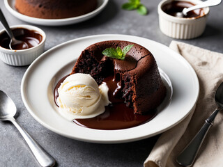 Chocolate Lava Cake: Decadent chocolate lava cake with a molten center, served on a white plate with a scoop of vanilla ice cream