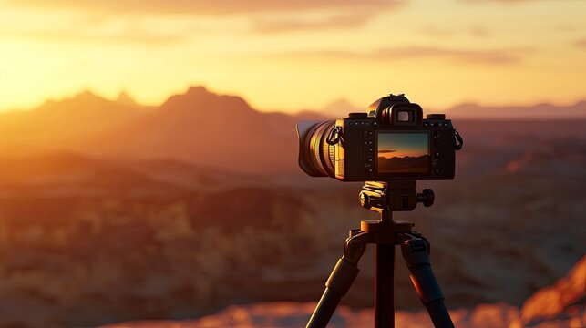 High-resolution camera, mounted on a tripod, scenic landscape behind, golden hour light