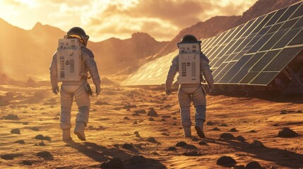 Two Astronauts Spacesuits Head Towards