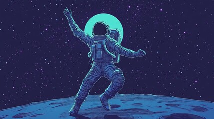 Vector illustration of an astronaut dancing against the backdrop of the moon and space. 