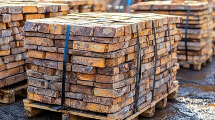 Innovative building materials, stacked neatly, at a construction site, bright daylight