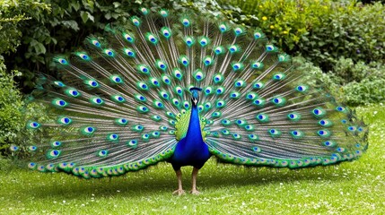 Obraz premium Majestic peacock, walking through a garden with its iridescent feathers fully fanned out, under bright sunlight