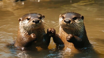 Obraz premium Playful otters, holding hands while floating on a river, under a clear sky, soft natural light