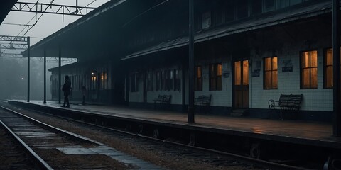 Naklejka premium Eerie, Foggy Train Station with Old Train on Tracks and Mysterious Shadows